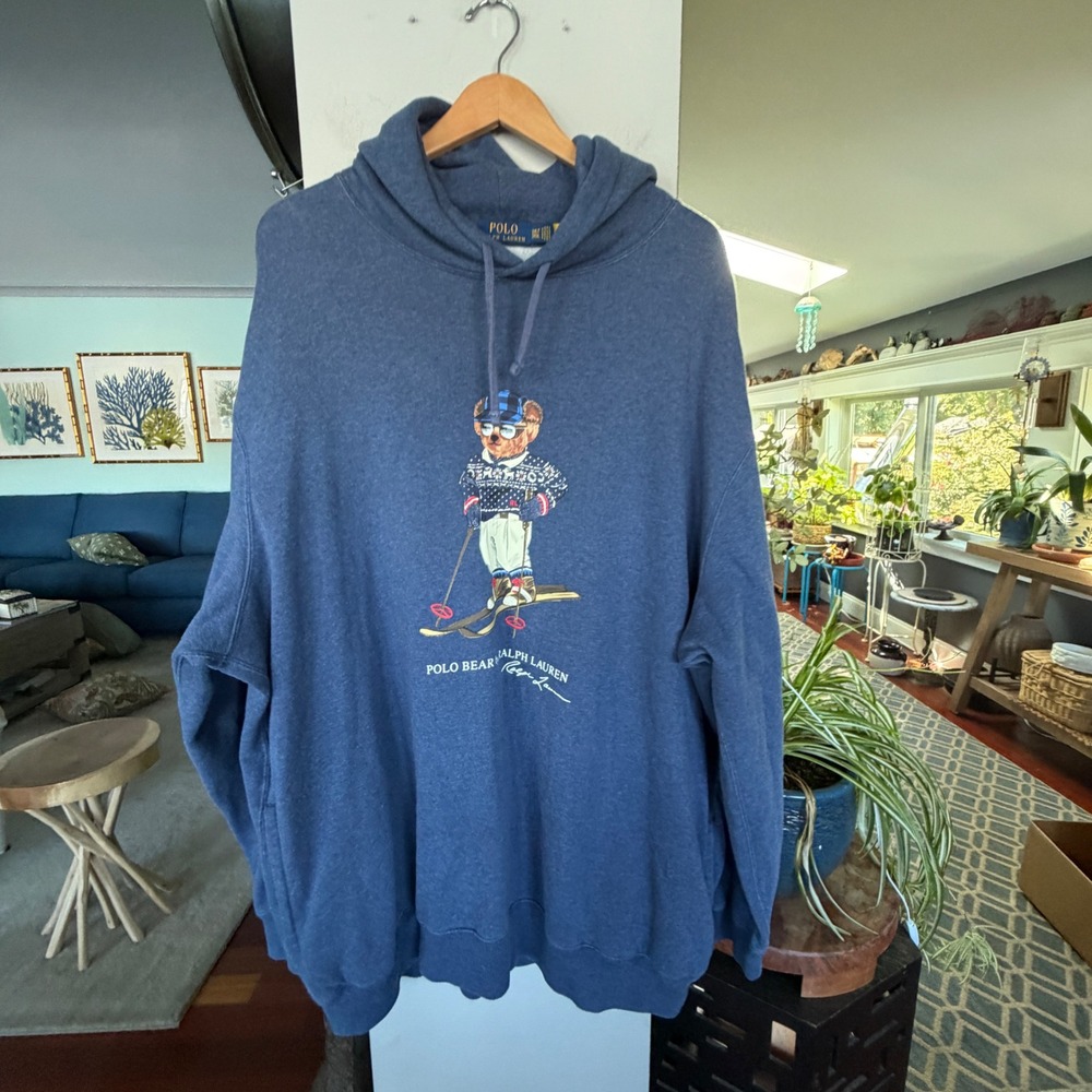 Polo Ralph Lauren Hoodie Mens 3XLT Blue Polo Bear Skiing Big Tall Sweatshirt